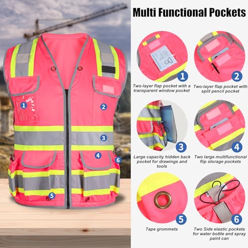 HYCOPROT Reflective Safety Vest Class 2 High Visibility Heavy Duty Construction Vest with Padded Neck,Meet ANSI/ISEA Standard - color: Pink, size: Small