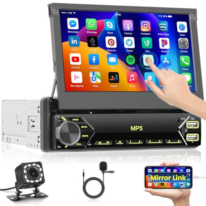 Inefala Single Din Touchscreen Radio 7'' Flip Out Screen Car Stereo with Bluetooth USB Type C Fast Charge Car Audio Receiver Backup Camera SWC FM MIC TF AUX in EQ - style: 7'' No CarPlay Retractable