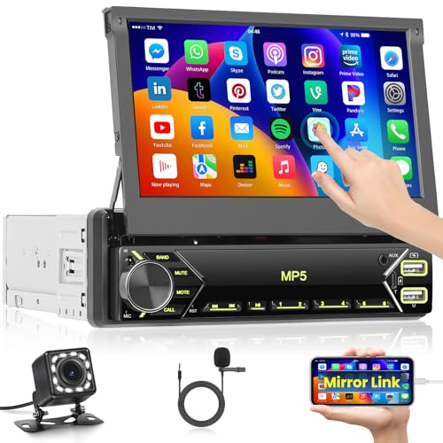 Inefala Single Din Touchscreen Radio 7'' Flip Out Screen Car Stereo with Bluetooth USB Type C Fast Charge Car Audio Receiver Backup Camera SWC FM MIC TF AUX in EQ - style: 7'' No CarPlay Retractable