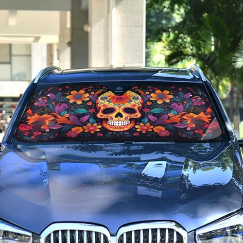 Windshield Sun Shade Abstract Sugar Skull Front Window Block UV Shades Visor Reflective Retractable for Car SUV Trucks - color: F002