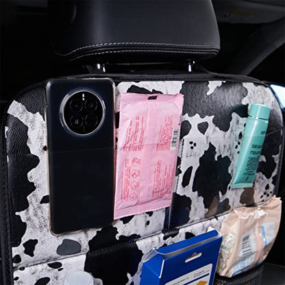Cow Print Car Seat Back Kick Protectors,2 Pack Kick Mats with Storage Pockets,Car Accessorise(Cow Print)