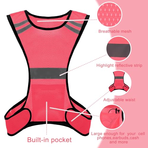Ptwola Reflective Running Vest High Visibility Running Gear with Large Pocket Night Lightweight Reflective Safety Vest - color: Pink
