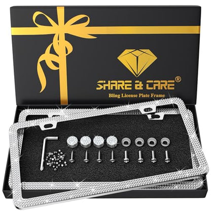 SHARE&CARE Bling License Plate Frame, Crystal License Plate Cover, Car License Plate Holder with Rhinestone Screw Set, Women Gift for Mom, Wife, Her - 2 Pack (White-gi) - color: White-gi