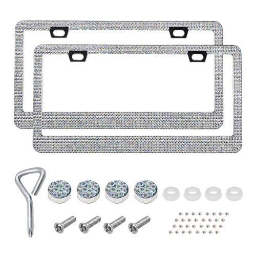 2 PCS Bling License Plate Frame, Stainless Steel Glitter Crystal Diamond License Plate Cover Holder, Sparkly Bedazzled Rhinestone Car Tag Covers for Women, Car Accessories (AB) - color: AB, size: 2PCS