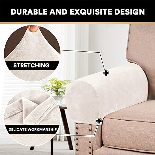 PrinceDeco 4 Pack Thick Velvet Stretch Armrest Covers for Chairs and Sofas - Non Slip, Ivory - color: Ivory