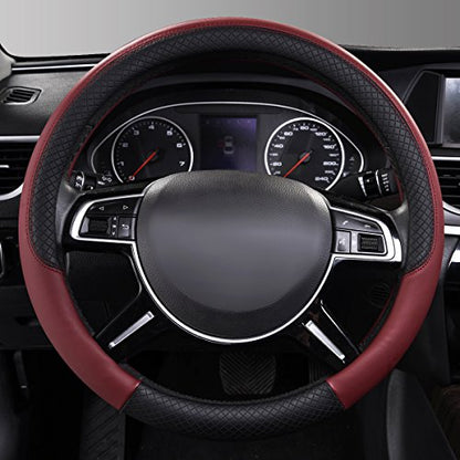CAR PASS Rhombus Leather Universal Steering Wheel Cover, Fit for Suvs,Trucks,Cars,Sedans,Vans (Black&Burgundy) - color: Black and Burgundy, size: Standard[14.5"-15"]