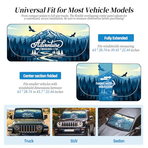 63"x28.5" Car Windshield Sun Shade with Storage Pouch, Stylish Printed Front Window Sunshade with Double Ring Frame, Universal Fit Foldable Heat Blocker & UV Protector for SUV, Sedan (Adventure-Peak) - color: Adventure-Peak