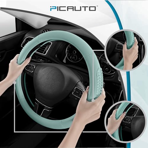 PIC AUTO Steering Wheel Cover, Glitter Gel Particles & Mint Luxury Leather Car Steering Cover, Universal Fit 14.5"-15.5" Anti-Slip Car Wheels Cover for Girls & Women - color: Mint
