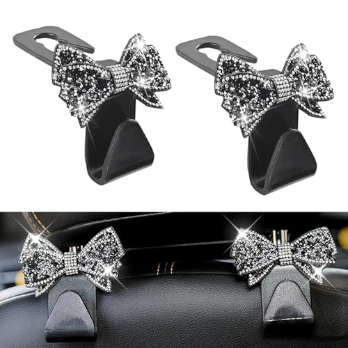 2 PCS Bling Car Headrest Hooks, Cute Crystal Rhinestone Bow Purse Hook, Seat Back Hanger Storage for Purses Bags Grocery, Universal Car Decorations for SUV Truck (Black) - color: Black