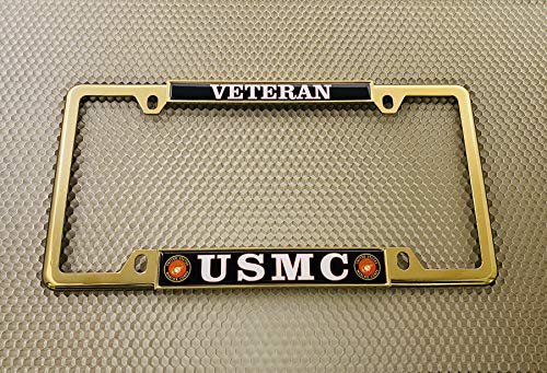 [Officially Licensed US Marine Corps Product] - USMC Veteran - Domed Custom-Made Personalized Narrow (Thin) Top 4 Hole Metal Car License Plate Frame with Free caps - Gold Frame (Qty: 1) - color: Gold - Style 1