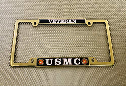[Officially Licensed US Marine Corps Product] - USMC Veteran - Domed Custom-Made Personalized Narrow (Thin) Top 4 Hole Metal Car License Plate Frame with Free caps - Gold Frame (Qty: 1) - color: Gold - Style 1