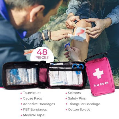 Car Emergency Kit with Air Compressor, Jumper Cables, First Aid, Tow Strap, Tire Gauge, Headlamp – Roadside Safety Kit for Women, Men, Teens (Pink) - color: Pink