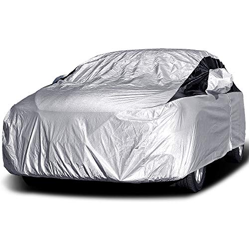 Titan Premium Multi-Layer PEVA Car Cover for Compact Sedans 176-185". Waterproof, UV Protection, Anti-Scratch Protective Lining, Driver-Side Zippered Opening. Fits Corolla, Sentra, Cruz and More. - color: Silver with Black Stripe, size: Compact Sedan (176