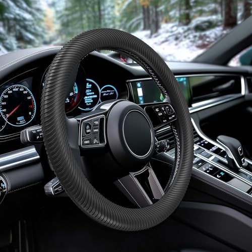 WOCOCN Car Steering Wheel Cover, Thin Anti-Skid Silicone Steering Wheel Cover for Men & Women, Universal Automotive Interior Accessories for Most Cars (Black) - color: Black