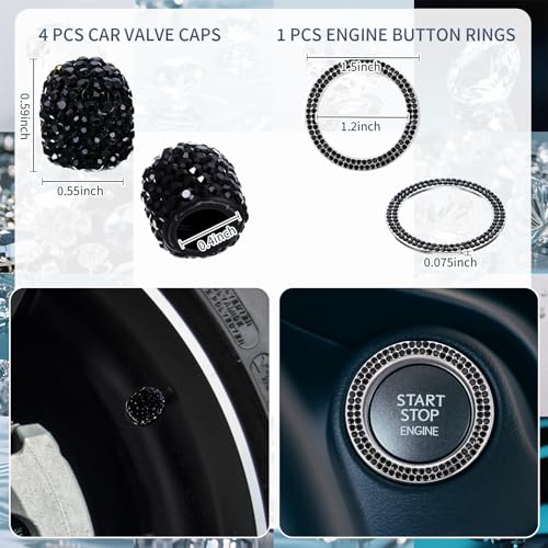 Timtin 2 Pcs Bling License Plate Frame Sparkly Rhinestone Diamond Accessories Stainless Steel Front License Plate Cover with Bling 4 Crystal Tire Valve Caps 1 Start Ring Sticker (Black) - color: Black