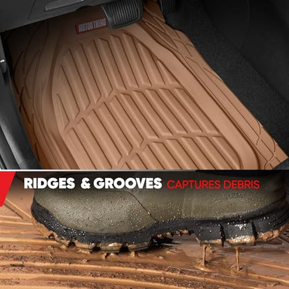 Motor Trend FlexTough 4-Piece Heavy Duty Floor Mats for Cars Trucks SUVs, Automotive Floor Mats Car Mats Full Set Front, Rear & Cargo, Trim-To-Fit Semi-Custom Deep Dish All Weather Rubber Mats - Beige - style: FlexTough Contour