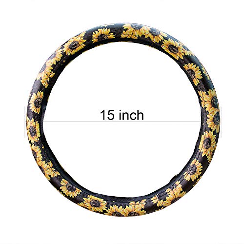 Evankin Sunflower Steering Wheel Cover Cute and Handmade,Leather Universal Steering Wheel Cover 15 inch, Fashionable Boho Sunflower Car Accessories for Women,Top Girl Car Accessories - color: Leather Sunflower Steering Wheel Cover