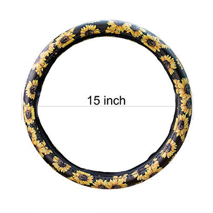 Evankin Sunflower Steering Wheel Cover Cute and Handmade,Leather Universal Steering Wheel Cover 15 inch, Fashionable Boho Sunflower Car Accessories for Women,Top Girl Car Accessories - color: Leather Sunflower Steering Wheel Cover