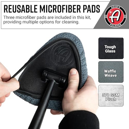 Adam's Polishes Windshield Cleaning Tool - Car Interior Window Glass Wand Accessory with 3 Microfiber Pads & Extendable Handle for Removing Dust, Moisture, Haze, Defrosting, Etc.