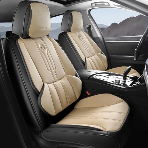 AOOG Front Seat Covers, Car Seat Covers Front Seats, Leather Seat Covers for Cars, Waterproof Seat Covers with Lumbar Support Universal Fit for Most Cars SUV Trucks(Front Pair, Beige&Black) - color: BEIGE&BLACK, size: FRONT PAIR