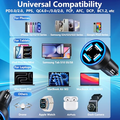 USB Car Carplay Charger, Rombica 4-Port 4.8A USB Car Power Adapter, 4 in 1 48W Fast Charging Cigarette Lighter for iPhone 17 17 Pro Max 16 15 14 13 12 11 Pro, Galaxy S26 S25 S24 S23, Pixel, iPad Pro - color: Deep Black