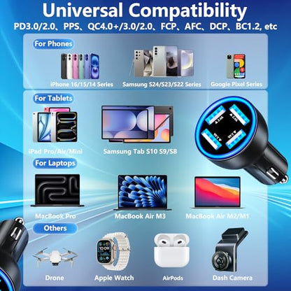 USB Car Carplay Charger, Rombica 4-Port 4.8A USB Car Power Adapter, 4 in 1 48W Fast Charging Cigarette Lighter for iPhone 17 17 Pro Max 16 15 14 13 12 11 Pro, Galaxy S26 S25 S24 S23, Pixel, iPad Pro - color: Deep Black