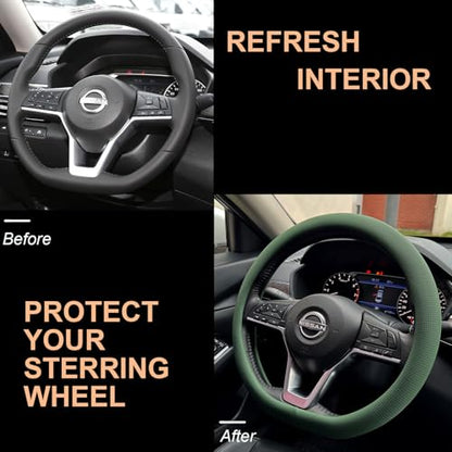 PINCTROT D Shaped Nappa Leather Steering Wheel Cover, Slim Fit No Bulk Design, One Piece Leather with Breathable Perforation, Fit Like Gloves, Flat Bottom 14.5-15 Inch(Nappa Green) - color: 11.Green, size: D Shaped/Flat Bottom[14 1/2''-15'']