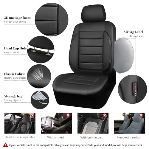 CAR PASS Faux Leather Car Seat Covers Front Seats Only, 3D Foam Support Car Seat Covers, Universal fit for Trucks Vans SUVs Sedans Automotive Comfortable, Airbag Compatible 2 Pieces Front Solid Black - color: Black Front