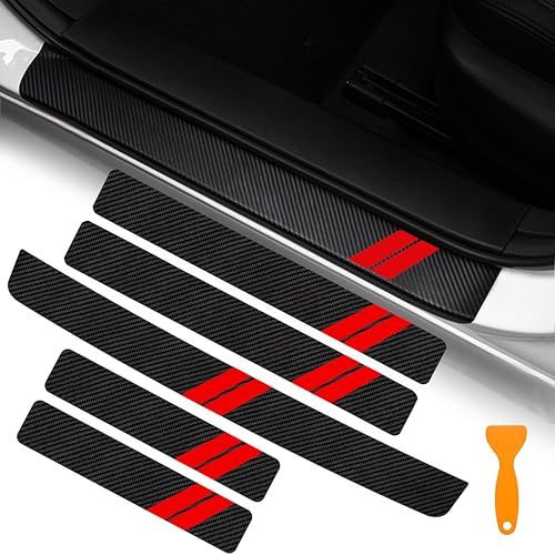 YOSRTER 5PCS Door Sill Guard Decoration Stickers for Dodge Charger Challenger Durango Journey Universal Fit to All Dodge Cars Fiber Leather Door Sill Protector (Red Trim) - color: Red Trim, size: 5PCS