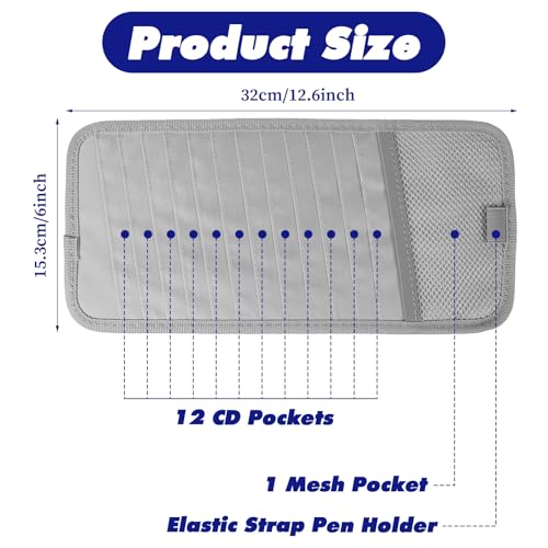 CD Visor Holder for Car, DVD Vehicle Visor Storage Organizer Gray Large Capacity CD Case with 12 Storage Sleeves, 1 Mesh Pocket, 1 Pen Loop & Elastic Strap