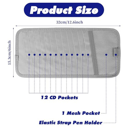 CD Visor Holder for Car, DVD Vehicle Visor Storage Organizer Gray Large Capacity CD Case with 12 Storage Sleeves, 1 Mesh Pocket, 1 Pen Loop & Elastic Strap