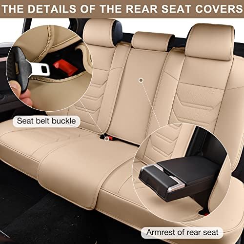TIEHESYT Beige Car Seat Covers Full Set, Breathable Leather Automotive Front and Rear Seat Covers & Headrest, Automotive Seat Cover, Compatible with Most Cars Sedans SUV Pickup Trucks - color: Faddish Beige, size: Front Pair and Rear