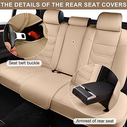 TIEHESYT Beige Car Seat Covers Full Set, Breathable Leather Automotive Front and Rear Seat Covers & Headrest, Automotive Seat Cover, Compatible with Most Cars Sedans SUV Pickup Trucks - color: Faddish Beige, size: Front Pair and Rear