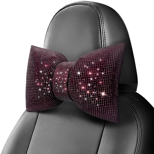 surpassme 2PCS Rhinestone Car Headrest Neck Pillow for Driving with Bling Bling Crystal Bow Pillow Car Accessories for Women (Purple) - color: 2 Purple Pillows
