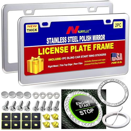 Stainless Steel License Plate Frames, Mirror Polished Heavy Duty Metal Chrome Car Tag Cover, 2 Pack 2 Hole Silver Holder, Slim Design with Screws & Caps for Men & Women - color: Chrome