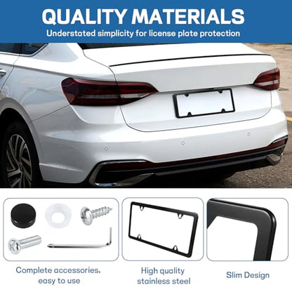 Wuyaoyao 2PCS Car License Plate Frames, 4 Holes Stainless Steel License Plate Frame, Slim License Plates Cover Holder with Screws Bolts Caps Washers, Universal Exterior Car Accessories (Black) - color: Black