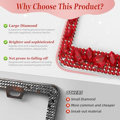 OKLPF Single Luxury Rhinestone License Plate Frame – Elegant Bling with Glitter Crystals, Anti-Theft Screws & Gift Box, Fits Standard US Plates(Red) - color: Red, size: 1pc