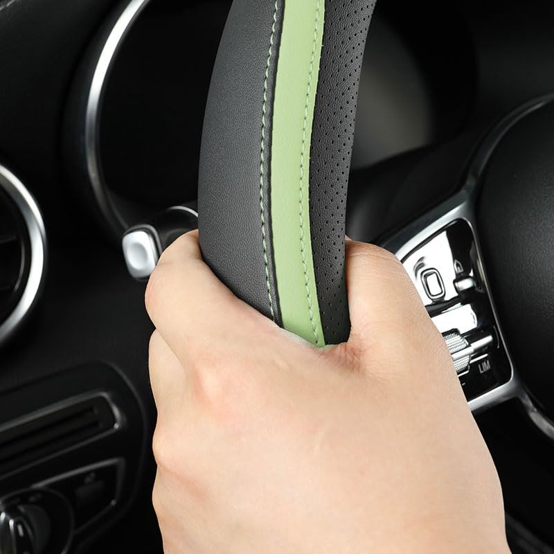 Car Steering Wheel Cover, Leather Steering Wheel Cover Green Universal 14.5-15 Inch Microfiber Leather Anti-Slip Breathable Auto Steering Wheel Covers for Men Women (Black&Green) - color: Green