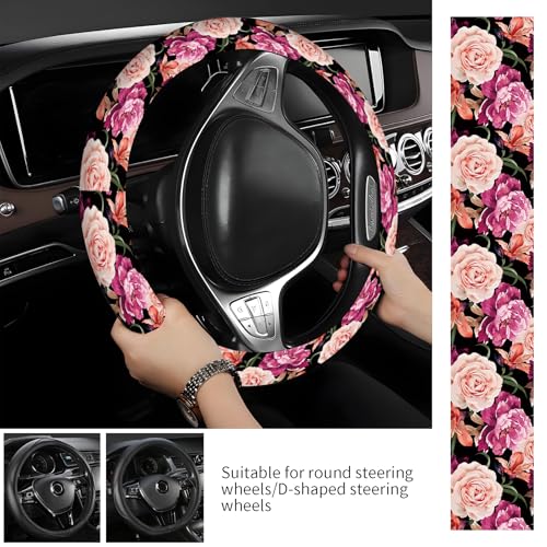 Steering Wheel Covers for Car, Truck, and SUV, Cute Non-Slip Breathable Elastic Steering Wheel, Car Accessories, Universal 15 Inch Leather Cover for Men Women Black Roses - color: Black Roses