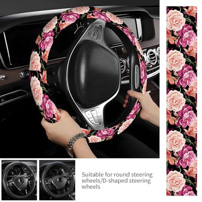 Steering Wheel Covers for Car, Truck, and SUV, Cute Non-Slip Breathable Elastic Steering Wheel, Car Accessories, Universal 15 Inch Leather Cover for Men Women Black Roses - color: Black Roses