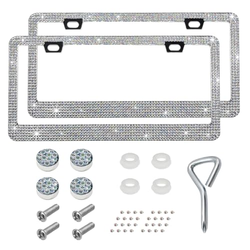 DXNQ 2PCS Bling License Plate Frame, Sparkly Rhinestone Diamond License Plate Cover with Crystal Screws Caps, Glitter Crystal Stainless Steel License Plate Holder for Women (AB) - color: AB, 2PCS