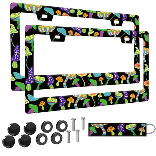 2pcs Mushrooms License Plate Frame for Women, Retro Mushroom car Decorative tag Frames Girly, Green Plant theam License Plate Cover Holder for Vehicle with Double Sided Keychain tag - color: for Colorful Mushrooms