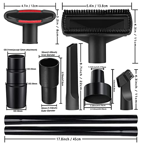 14Pcs Universal Vacuum Attachment Professional Shop Vac Accessories Wet Dry Vacuum Hose Adapter with Hair Brush Extension Wand Flexible Crevice Tool fit 2 1/2" to 1 1/4" and 1 7/8" to 1" Vacuum Hose