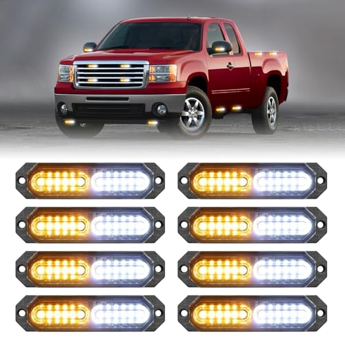 HLauto 1200T Emergency Strobe Grille Lights: 8pcs 12 LED Sync Feature Safety Warning Flashing Lights, Ultra Slim Surface Mount Hazard Caution Light for Trucks, Vehicles, Car, ATV, UTV (Amber White) - color: Amber/White