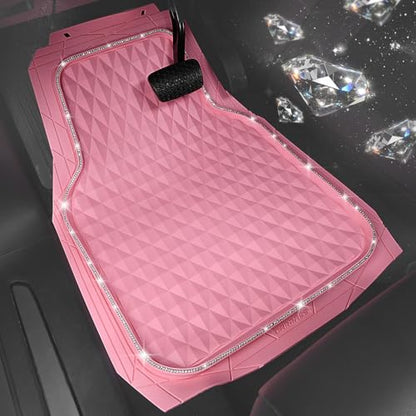 CAR PASS Bling Diamond Rubber Car Mats, Heavy Duty Deep Dish All-Weather Floor Mat Full Set Anti-Slip 3D Rhombus Waterproof Trim Fit Liner Universal Glitter Sparkly Shining Rhinestone, Pink Rubber - color: Pink Diamond