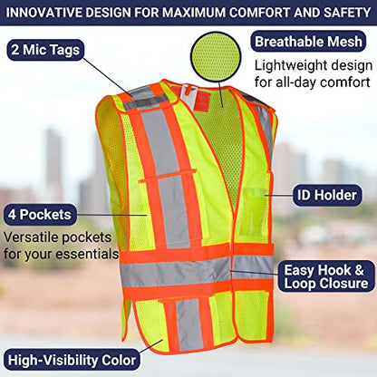 High Visibility Safety Vest – ANSI Class 2 Breakaway Vest with 5 Pockets, Yellow with Adjustable Hook and Loop Closure, Breathable Mesh, Heavy Duty Work Wear for Men or Women, 3 Pack (Medium/Large) - size: Medium-Large