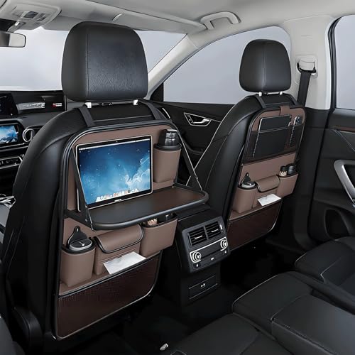 2 Pack Universal Foldable Car Backseat Organizer with Table Tray, Car Seat Back Protector with Touch Screen Phone Holder, Premium Leather Kick Mats with Storage Pockets Tissue Holder (Brown) - color: Brown, size: 2 Pack