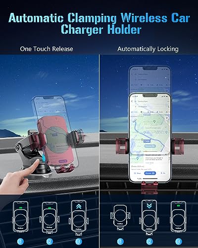 BothLin Wireless Car Charger, Fast Charging Phone Holder 3 in 1 Phone Mount Auto Clamping Car Accessories Compatible with iPhone 17 16 15 14 13 12 11 Xs XR, Samsung S23 Ultra S22 S21 S20(Deep Red) - color: Deep Red