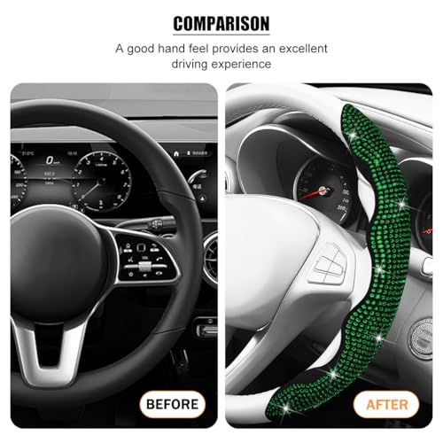 Bling Car Steering Wheel Cover, Rhinestones Non-Slip 15 Inches Vehicle Wheel Cover, Diamond Sparkling Steering Protector for Women Girls, Universal Automotive Accessories (Green) - color: Green
