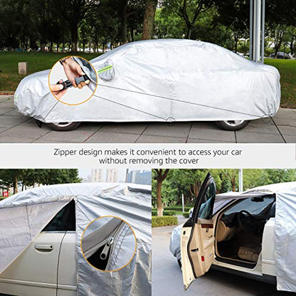 Amazon Basics Silver Weatherproof Car Cover, 150D Oxford, UV Protection, Snowproof, Dustproof for Sedans up to 190", with Reflective Strips and Straps - size: Sedans up to 190"